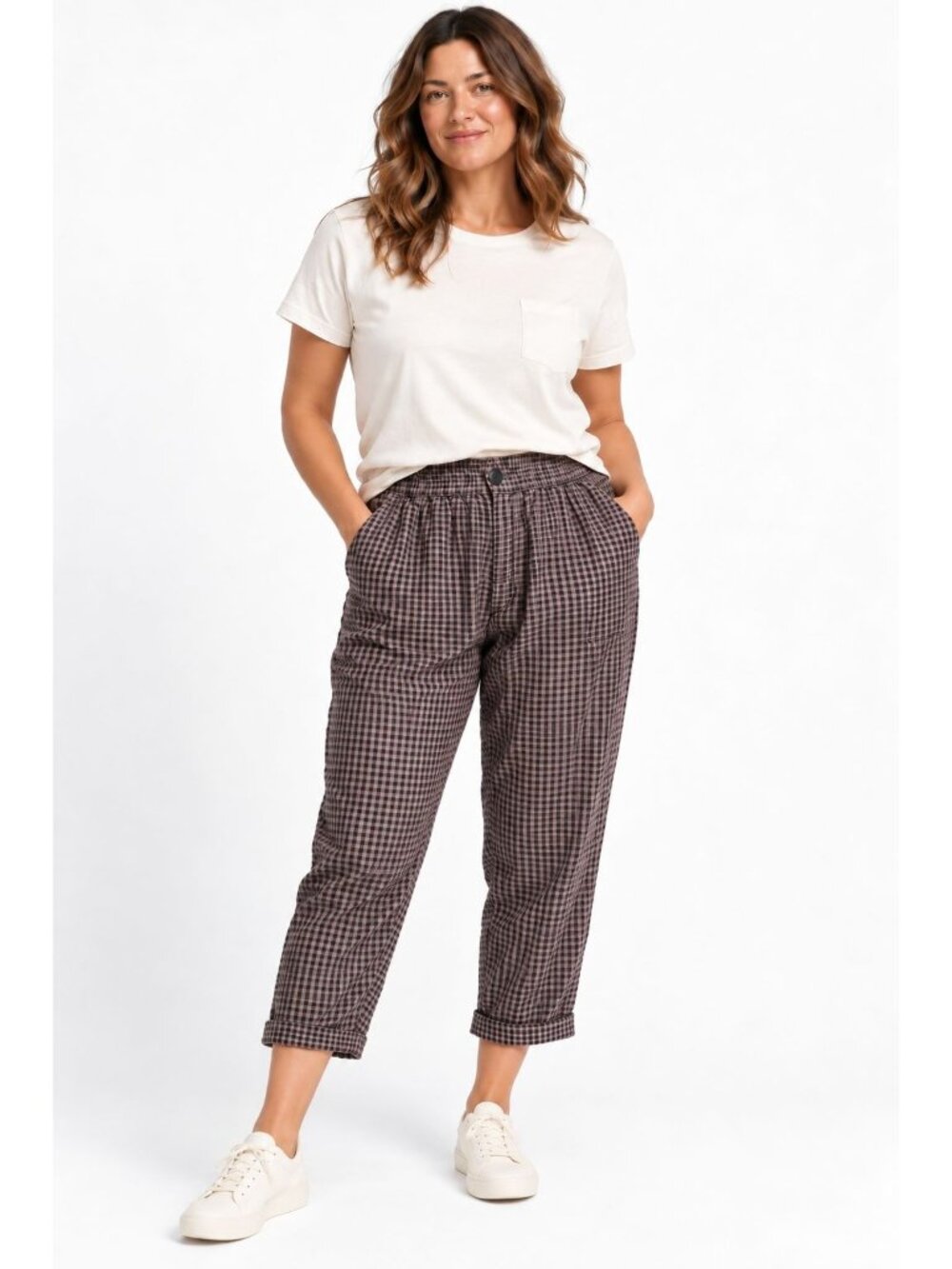 Pact Organic Cotton Trouser Brown Blue Gingham Check pants size Large